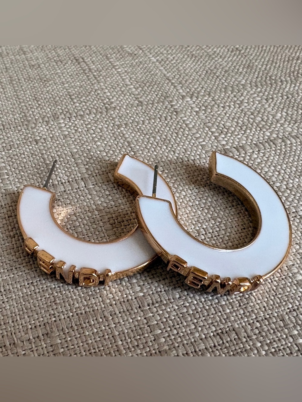 Fendi White and Gold Logo Hoop Earrings with Raised Lettering - Picture 4 of 5
